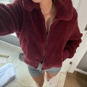 Maroon Cropped Fur Jacket